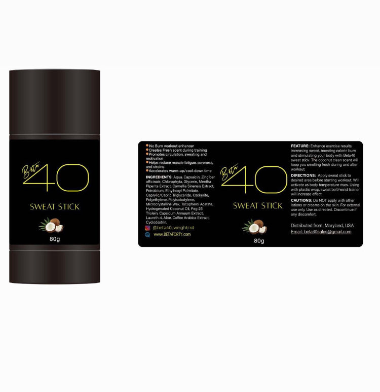 BETA40 Coconut Sweat Stick: No Burn, Sweat Enhancer, Joint Lubricant.